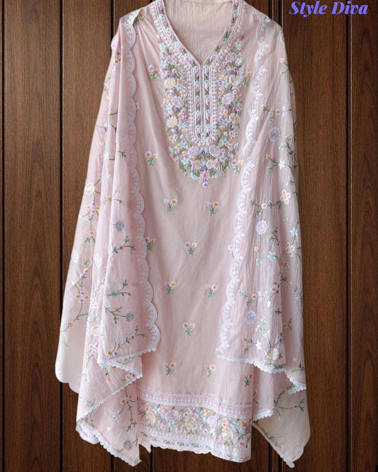 Premium Mul Cotton Unstitched Suit with Colorful Embroidery and Scalloped Edge Dupatta