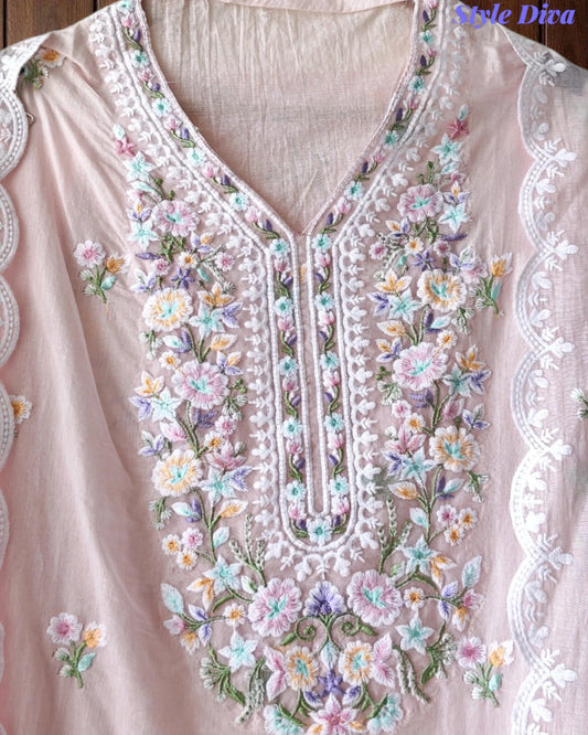 Premium Mul Cotton Unstitched Suit with Colorful Embroidery and Scalloped Edge Dupatta