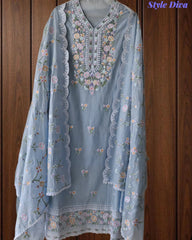 Premium Mul Cotton Unstitched Suit with Colorful Embroidery and Scalloped Edge Dupatta