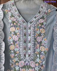 Premium Mul Cotton Unstitched Suit with Colorful Embroidery and Scalloped Edge Dupatta