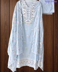 Premium Mul Cotton Unstitched Suit with Colorful Embroidery and Scalloped Edge Dupatta