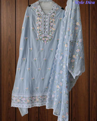 Premium Mul Cotton Unstitched Suit with Colorful Embroidery and Scalloped Edge Dupatta