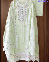 Premium Mul Cotton Unstitched Suit with Colorful Embroidery and Scalloped Edge Dupatta