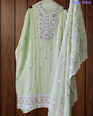 Premium Mul Cotton Unstitched Suit with Colorful Embroidery and Scalloped Edge Dupatta