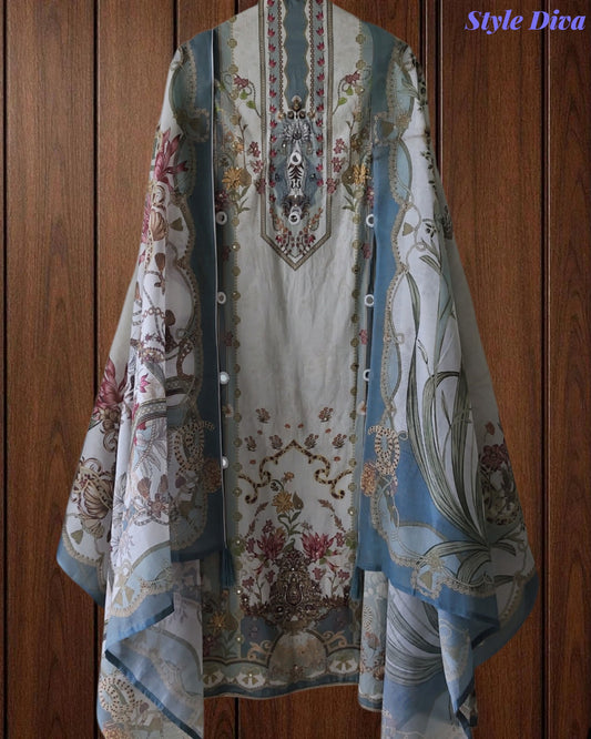 Cotton Digital Printed Unstitched Suit with Faux Mirror Highlighting