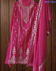 Mul Cotton Faux Leather Work Unstitched Suit Set for Women | Festive & Party Wear