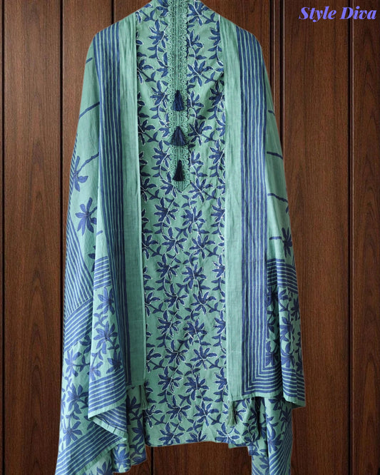 Cotton Printed Unstitched Suit Set with Overall Embroidery Highlights