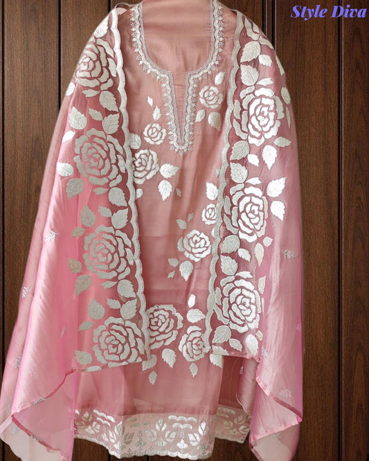 Designer Shimmer Tissue Suit with 3D Gotta Work for Festive Wear