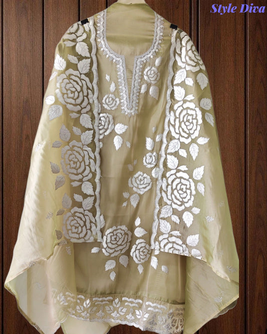 Designer Shimmer Tissue Suit with 3D Gotta Work for Festive Wear