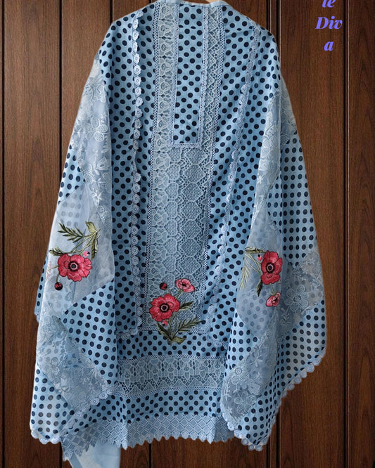 Linen Pakistani Style Unstitched Suit with Embroidery Work and Crochet Lacing