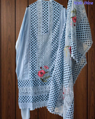Linen Pakistani Style Unstitched Suit with Embroidery Work and Crochet Lacing