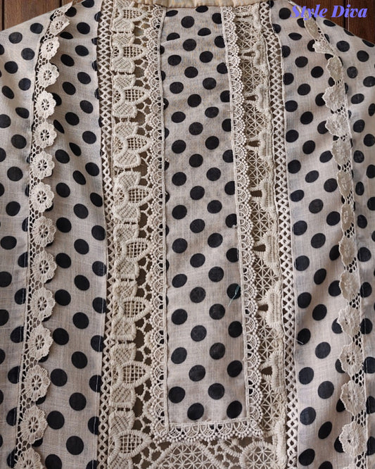 Linen Pakistani Style Unstitched Suit with Embroidery Work and Crochet Lacing