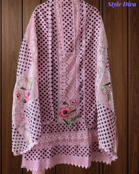 Linen Pakistani Style Unstitched Suit with Embroidery Work and Crochet Lacing