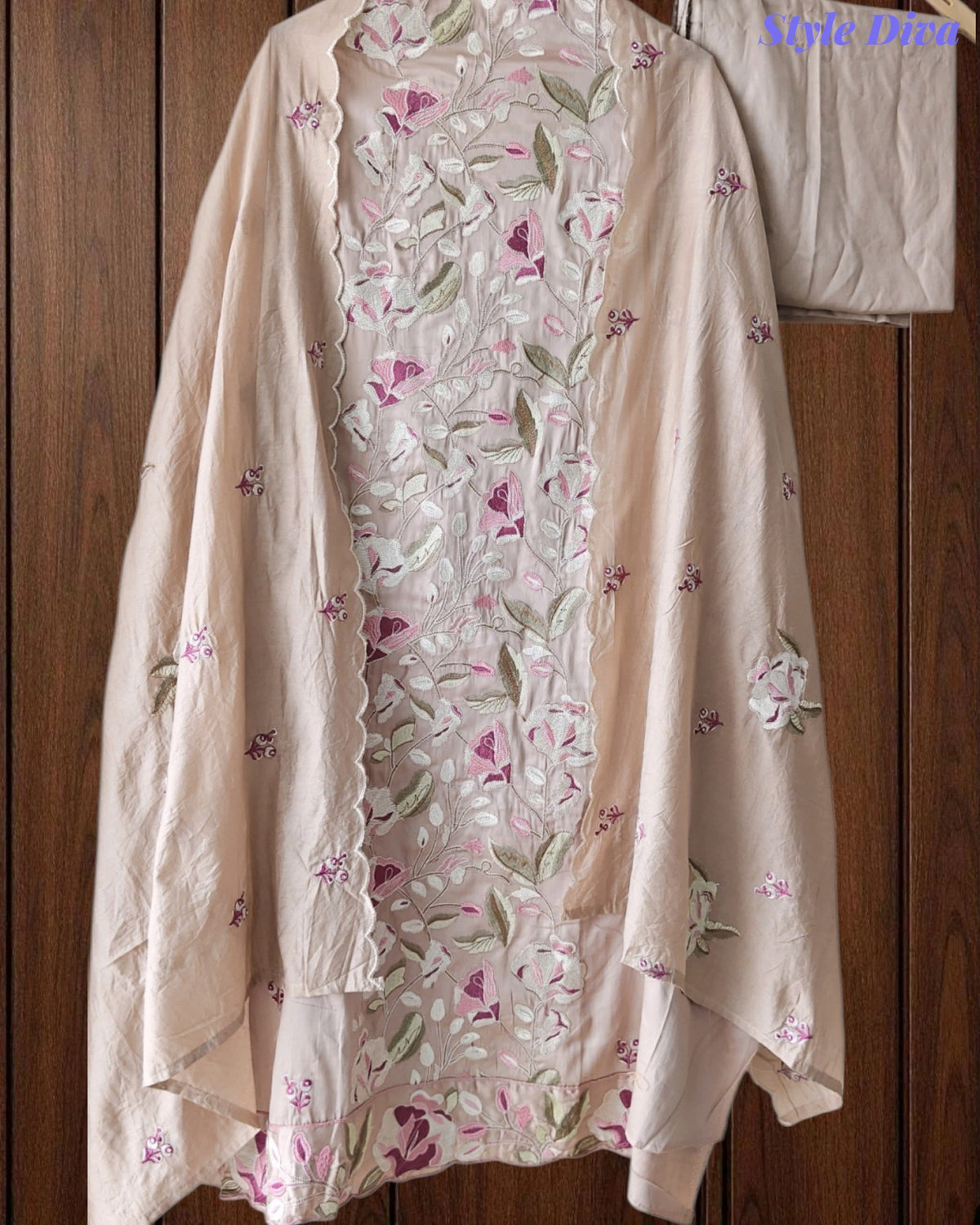 Premium Mul Cotton Unstitched Suit with Colorful Embroidery and Scalloped Edge Dupatta
