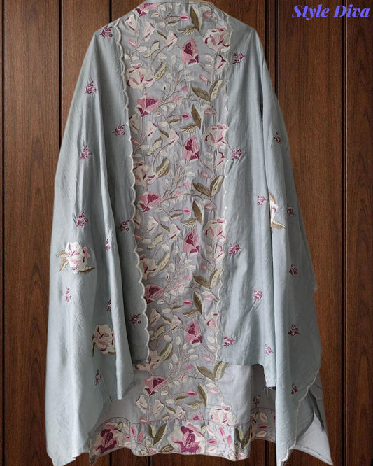 Premium Mul Cotton Unstitched Suit with Colorful Embroidery and Scalloped Edge Dupatta