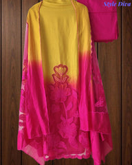 Premium Muslin Ombre Unstitched Suit with Applique Work and Embroidered Dupatta