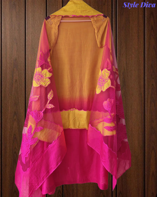 Premium Muslin Ombre Unstitched Suit with Applique Work and Embroidered Dupatta