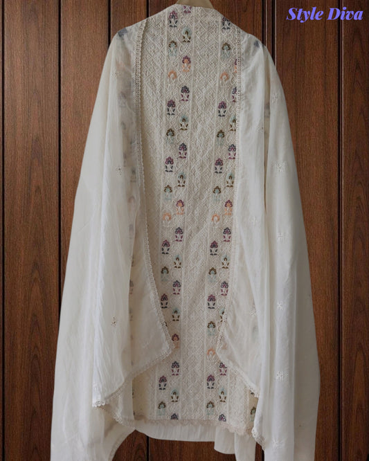 Mul Cotton Unstitched Suit Set with Lucknowi Embroidery & Crochet Lacing