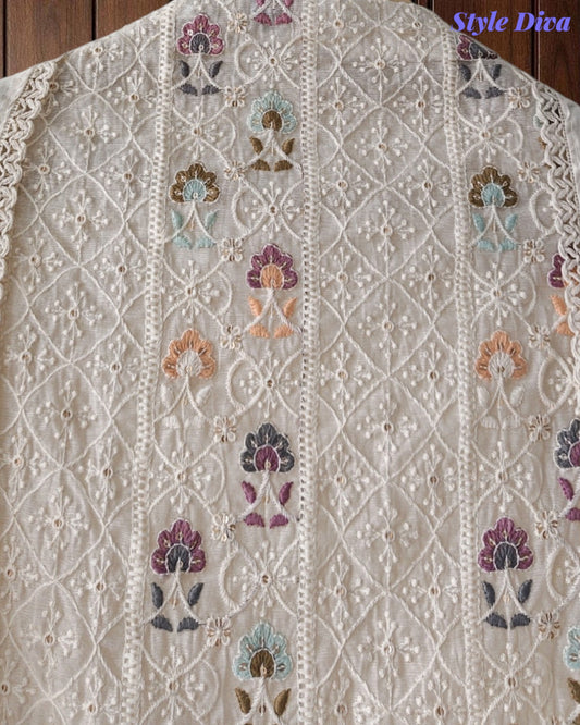 Mul Cotton Unstitched Suit Set with Lucknowi Embroidery & Crochet Lacing