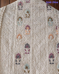 Mul Cotton Unstitched Suit Set with Lucknowi Embroidery & Crochet Lacing