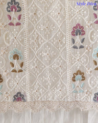 Mul Cotton Unstitched Suit Set with Lucknowi Embroidery & Crochet Lacing