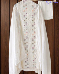 Mul Cotton Unstitched Suit Set with Lucknowi Embroidery & Crochet Lacing
