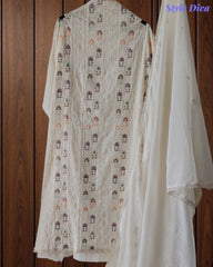 Mul Cotton Unstitched Suit Set with Lucknowi Embroidery & Crochet Lacing