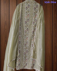 Mul Cotton Unstitched Suit Set with Lucknowi Embroidery & Crochet Lacing