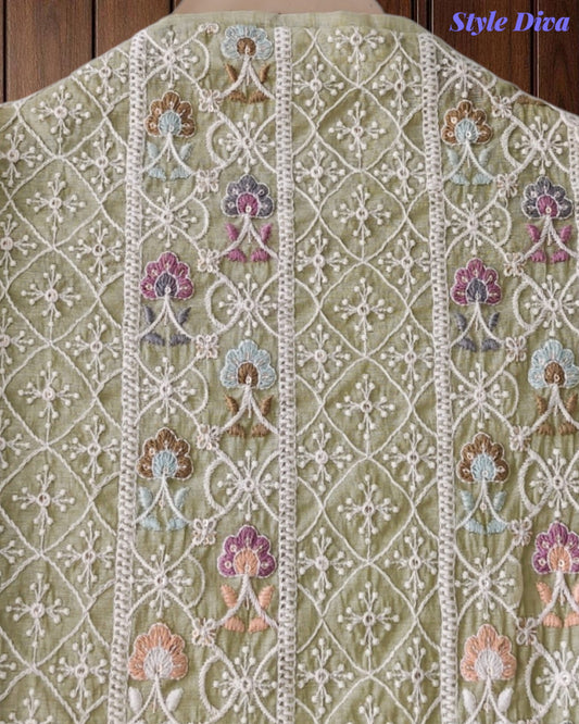 Mul Cotton Unstitched Suit Set with Lucknowi Embroidery & Crochet Lacing