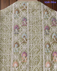 Mul Cotton Unstitched Suit Set with Lucknowi Embroidery & Crochet Lacing