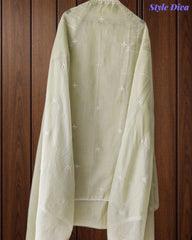 Mul Cotton Unstitched Suit Set with Lucknowi Embroidery & Crochet Lacing