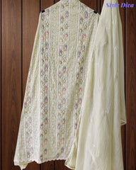 Mul Cotton Unstitched Suit Set with Lucknowi Embroidery & Crochet Lacing