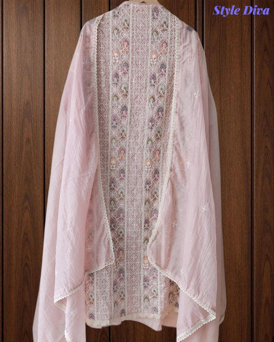 Mul Cotton Unstitched Suit Set with Lucknowi Embroidery & Crochet Lacing