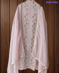 Mul Cotton Unstitched Suit Set with Lucknowi Embroidery & Crochet Lacing