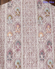 Mul Cotton Unstitched Suit Set with Lucknowi Embroidery & Crochet Lacing