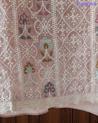 Mul Cotton Unstitched Suit Set with Lucknowi Embroidery & Crochet Lacing