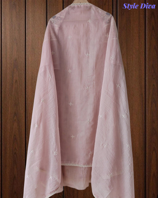 Mul Cotton Unstitched Suit Set with Lucknowi Embroidery & Crochet Lacing