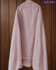 Mul Cotton Unstitched Suit Set with Lucknowi Embroidery & Crochet Lacing
