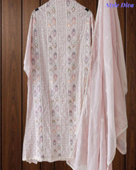 Mul Cotton Unstitched Suit Set with Lucknowi Embroidery & Crochet Lacing
