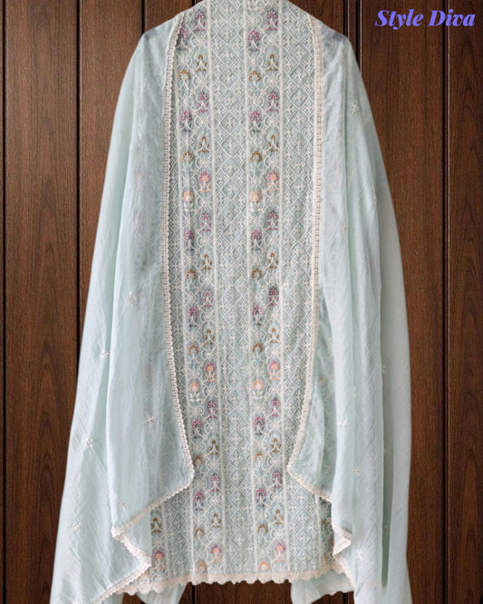 Mul Cotton Unstitched Suit Set with Lucknowi Embroidery & Crochet Lacing