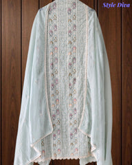 Mul Cotton Unstitched Suit Set with Lucknowi Embroidery & Crochet Lacing