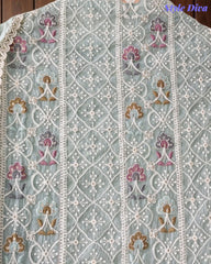 Mul Cotton Unstitched Suit Set with Lucknowi Embroidery & Crochet Lacing
