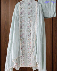Mul Cotton Unstitched Suit Set with Lucknowi Embroidery & Crochet Lacing