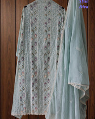 Mul Cotton Unstitched Suit Set with Lucknowi Embroidery & Crochet Lacing