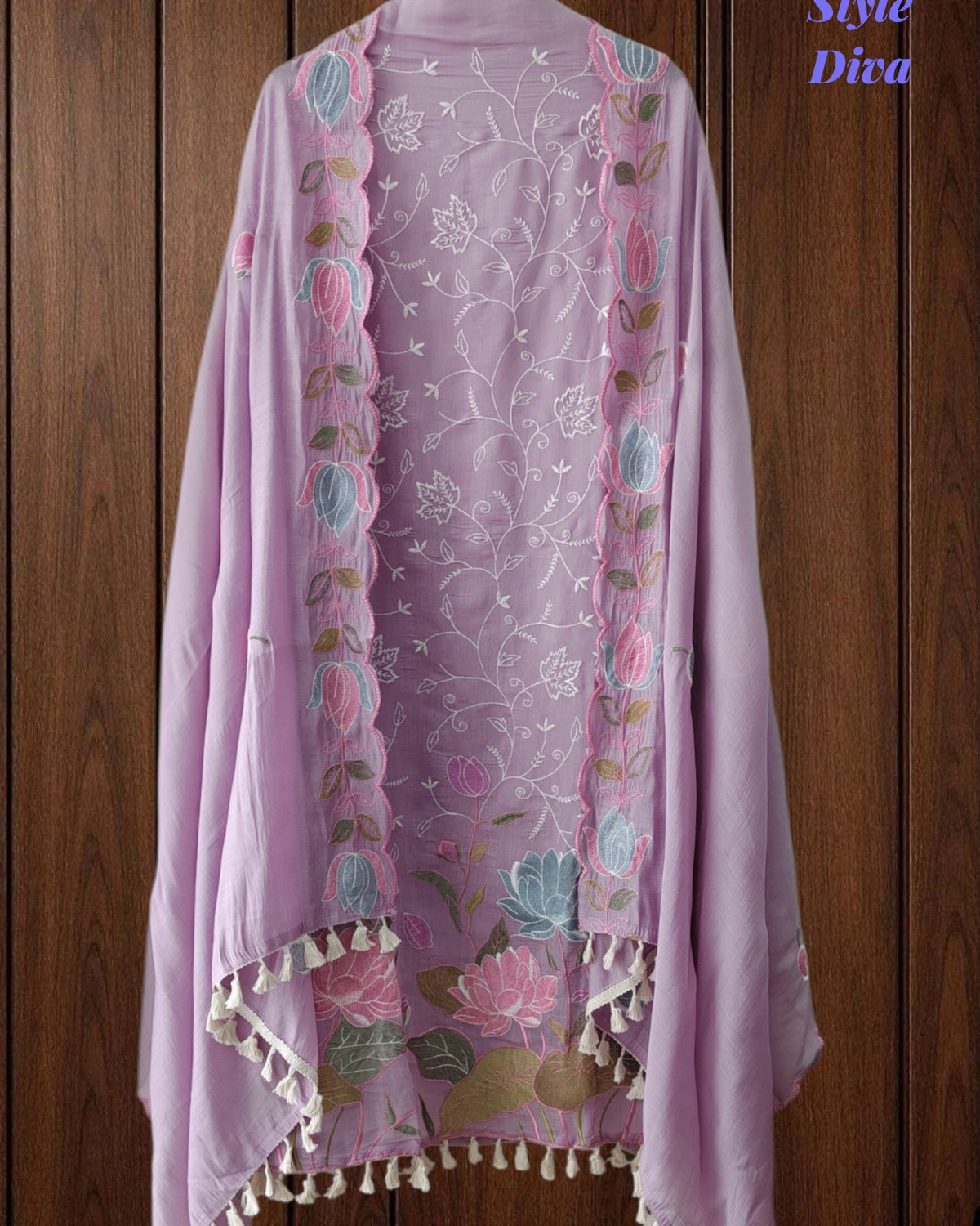 Mul Cotton Unstitched Suit Set with Parsi Embroidery & Scalloped Dupatta