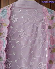 Mul Cotton Unstitched Suit Set with Parsi Embroidery & Scalloped Dupatta