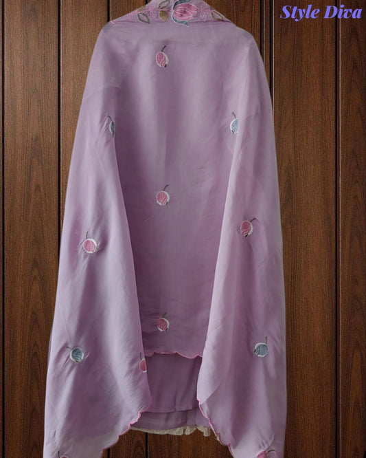 Mul Cotton Unstitched Suit Set with Parsi Embroidery & Scalloped Dupatta