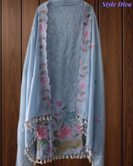 Mul Cotton Unstitched Suit Set with Parsi Embroidery & Scalloped Dupatta
