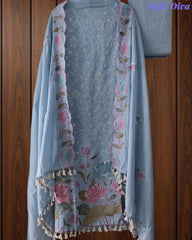 Mul Cotton Unstitched Suit Set with Parsi Embroidery & Scalloped Dupatta