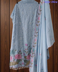 Mul Cotton Unstitched Suit Set with Parsi Embroidery & Scalloped Dupatta